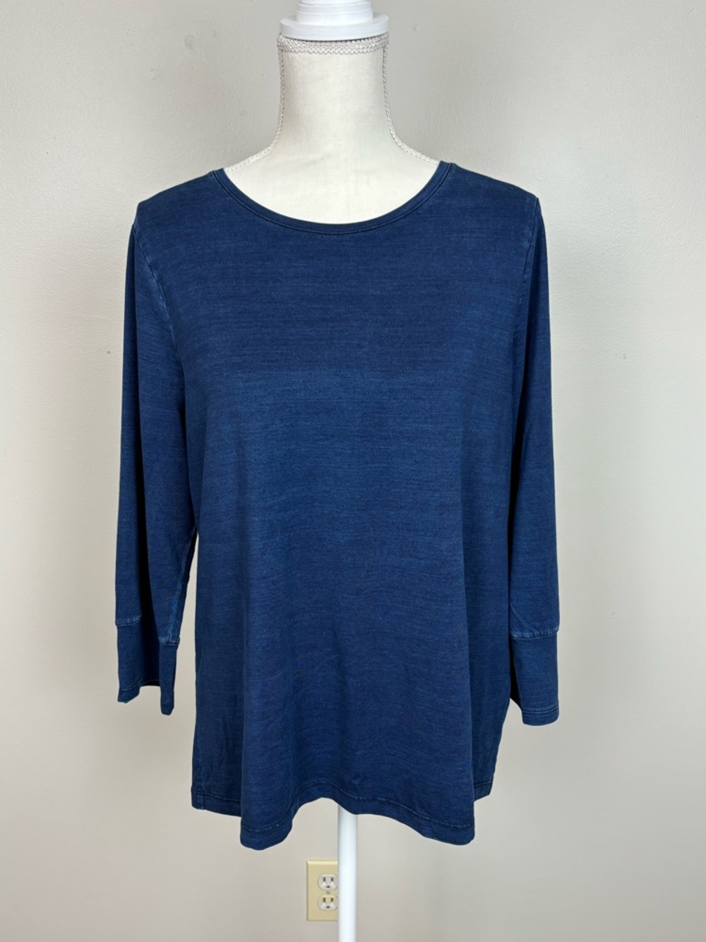 Chicos Top Womens Lg Blue Cotton Slub Denim 3/4 Sleeve Basic Knit Riviera Authen